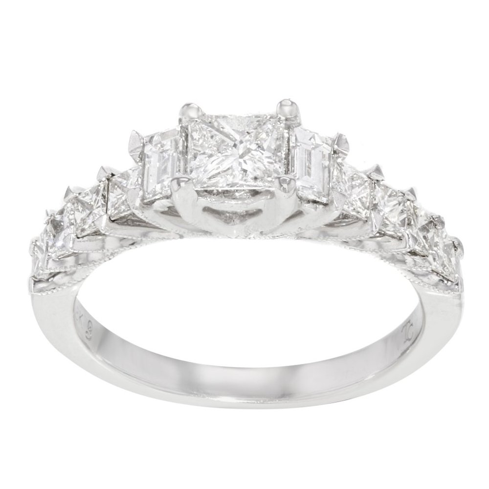Rachel Koen Princess Baguette Cut Diamond Ring 18K White Gold 1.25Cttw Size 7